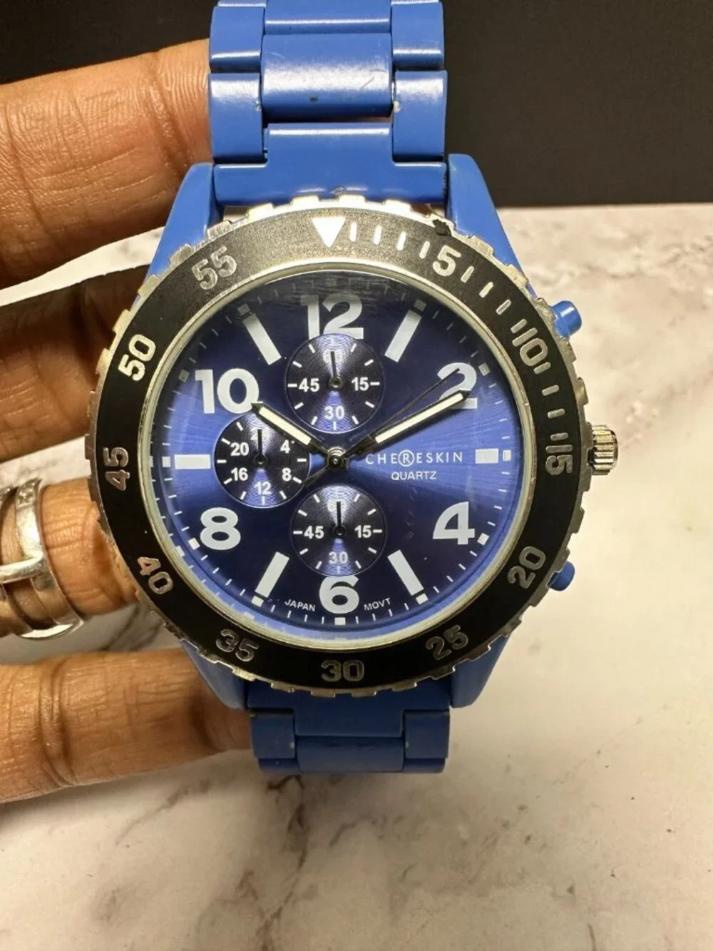3/$30 Chereskin Watch Men Silver Tone Blue Faux Chrono Dial New Battery 8.75